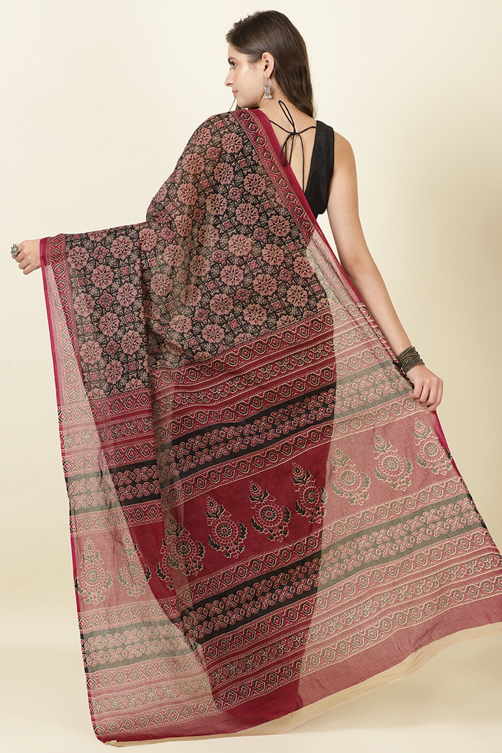 Black & Wine Cotton Bagru Printed Saree