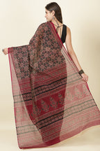Black & Wine Cotton Bagru Printed Saree