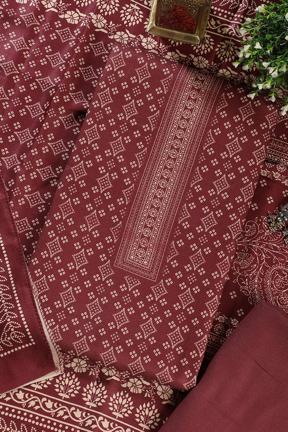 Wine Printed Pashmina Unstitched Suit Fabric