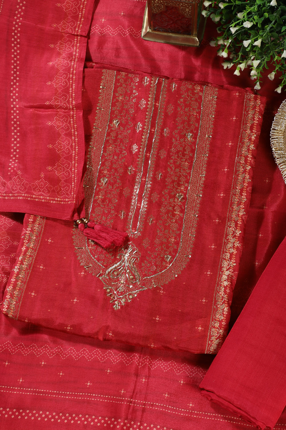 Red Silk Zari Woven And Bandhani Printed Unstitched Suit Fabric