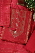 Red Silk Zari Woven And Bandhani Printed Unstitched Suit Fabric