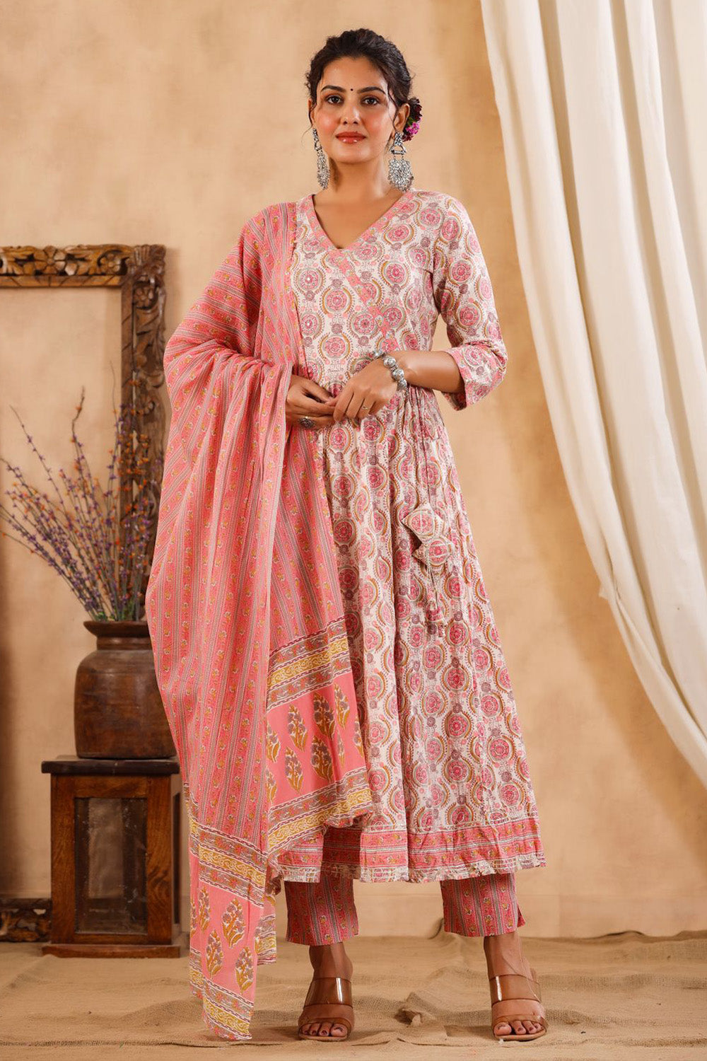 Pink Color Cotton Printed Anarkali Suit