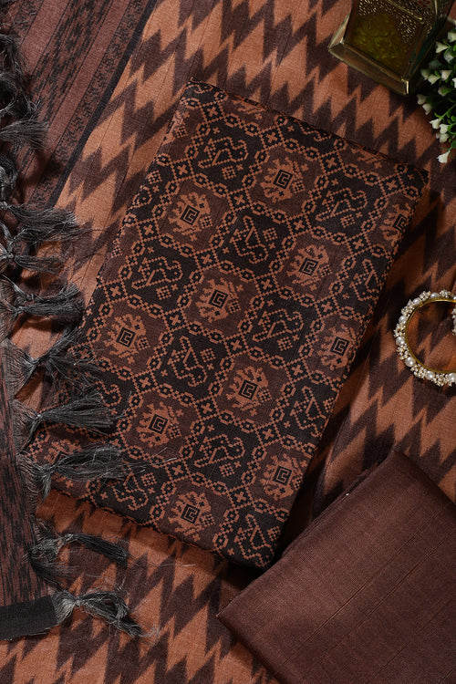 Brown Chanderi Cotton Digital Printed Unstiched Suit Material