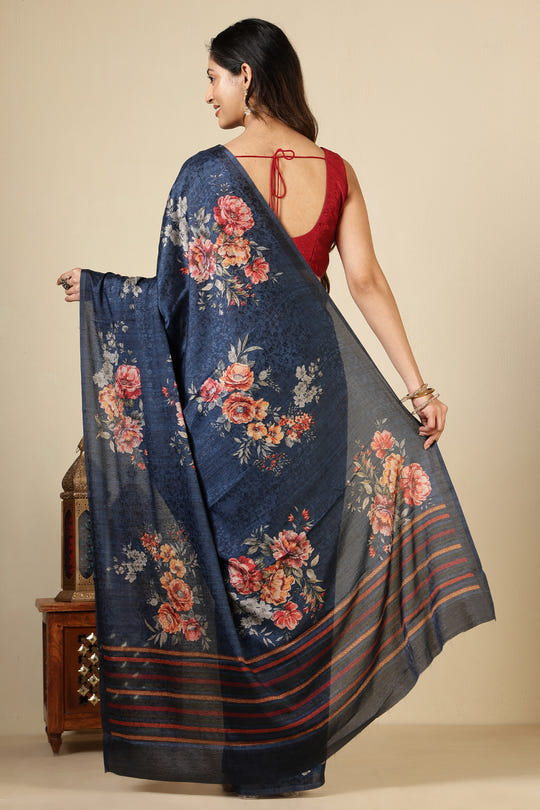 Navy Jacquard Silk Printed Saree