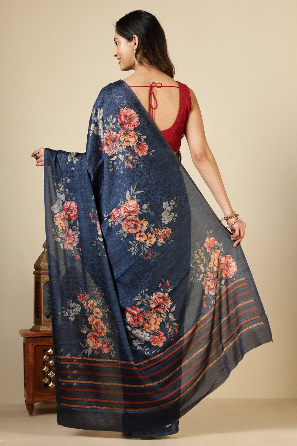 Navy Jacquard Silk Printed Saree