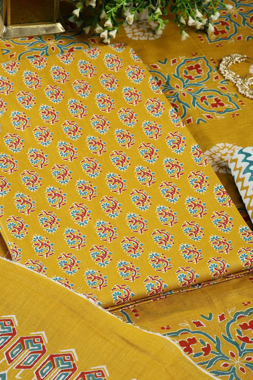 Mustard Color Cotton Printed Unstitched Suit