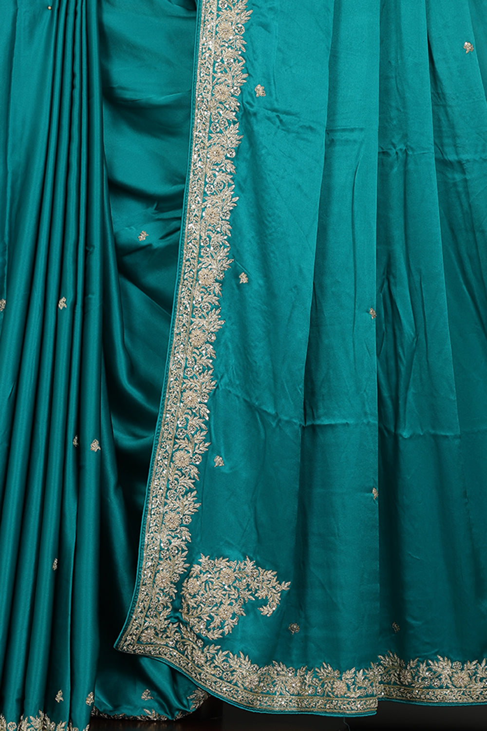Firozi Colr Pure Satin Crepe Saree with Zardozi Handwork