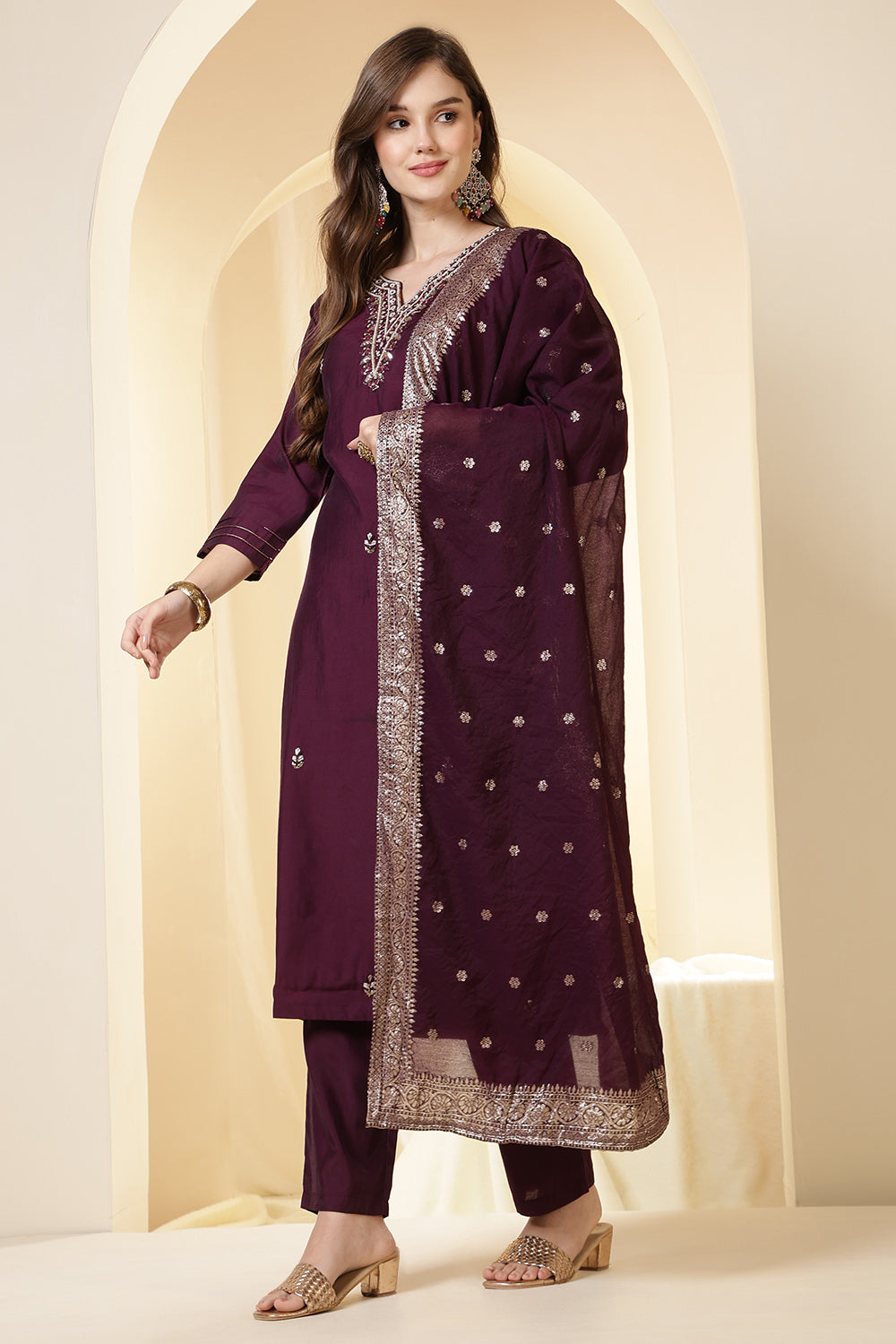 Dark Scarlet Silk Embroidered Suit Set