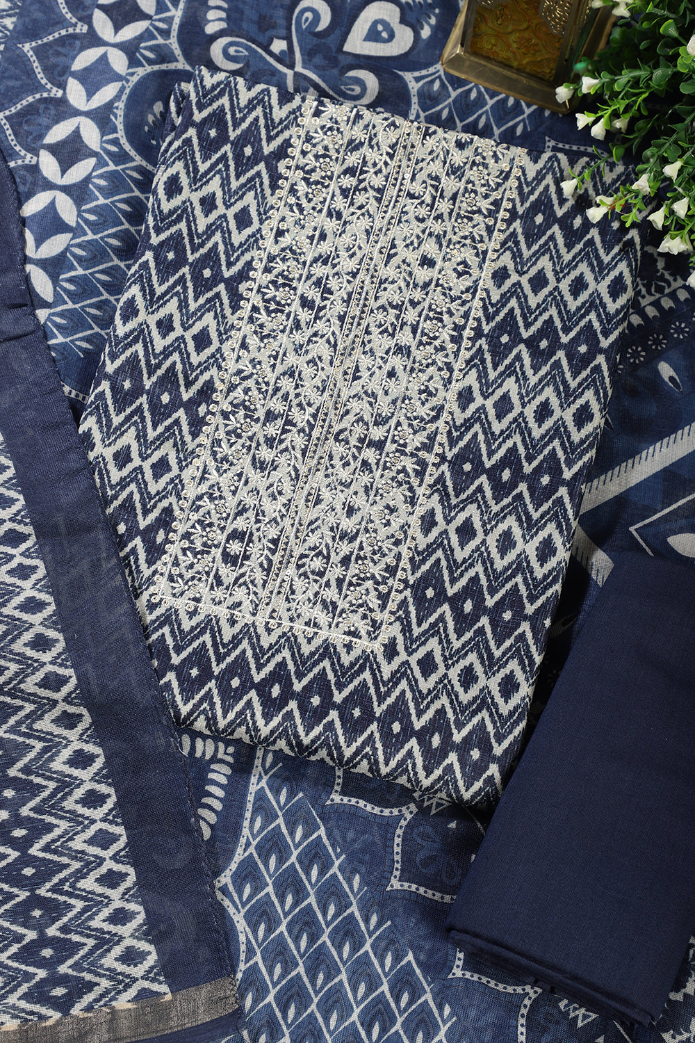 Navy Blue Cotton Silk Printed and Neck Embroidered Unstitched Suit