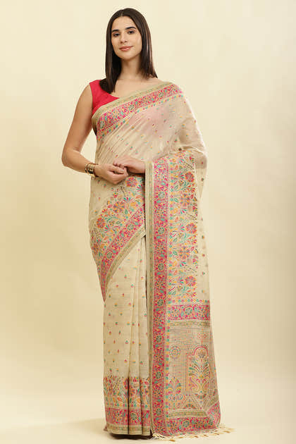 Beige Chanderi Cotton kashida Weaves Saree