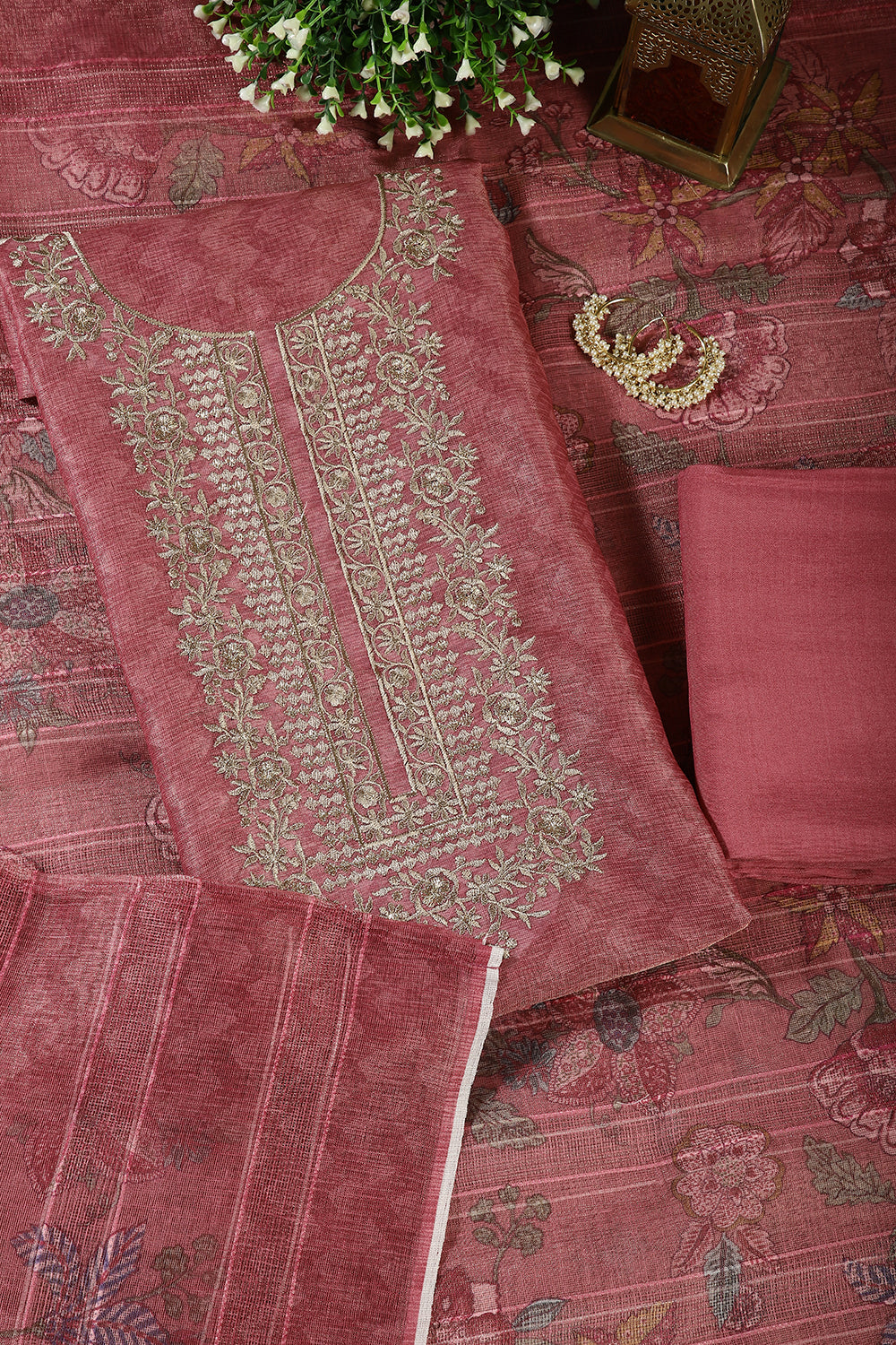 Dusky Rose Color Mantellic Tissue Neck Embroidered Unstitched Suit Fabric
