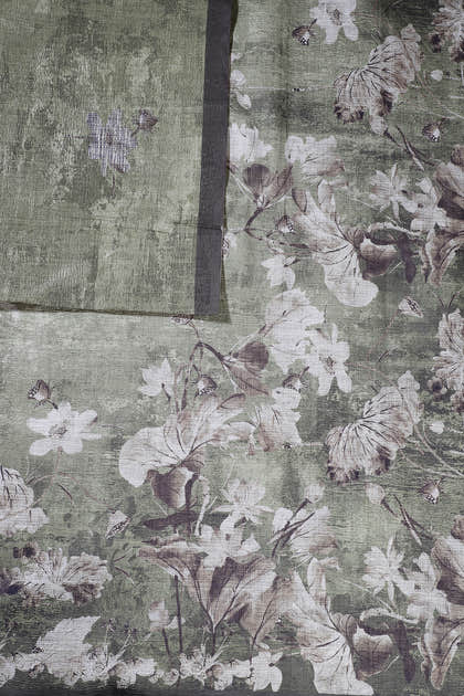 Olive Green Tussar Silk Floral Printed Saree