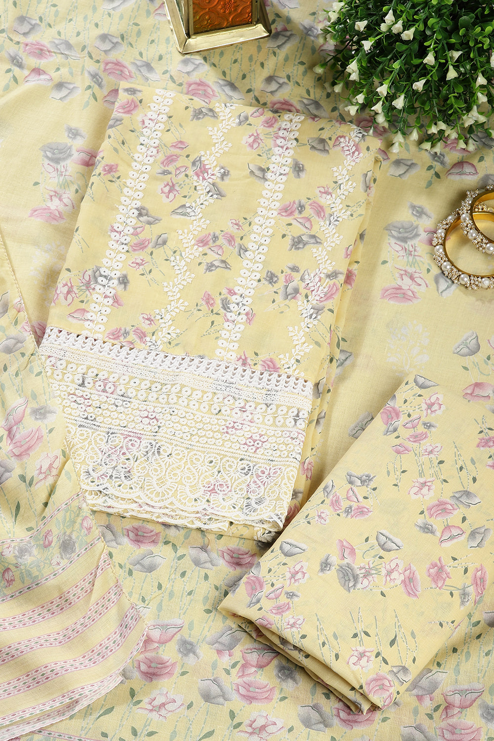 Pale Yellow Color Cotton Resham Embroidered And Lace Work Unstitched Suit Fabric