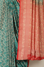 Teal & Red Dual Toned Silk Floral Jal Woven Saree