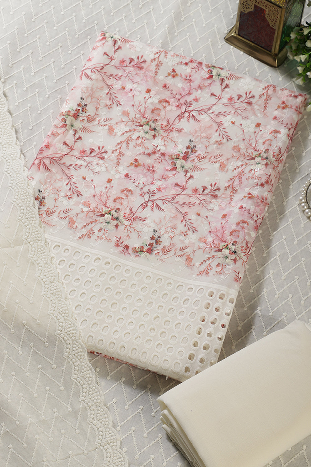 Cream & Red Cotton Chikankari Work Floral Printed Unstitched Suit