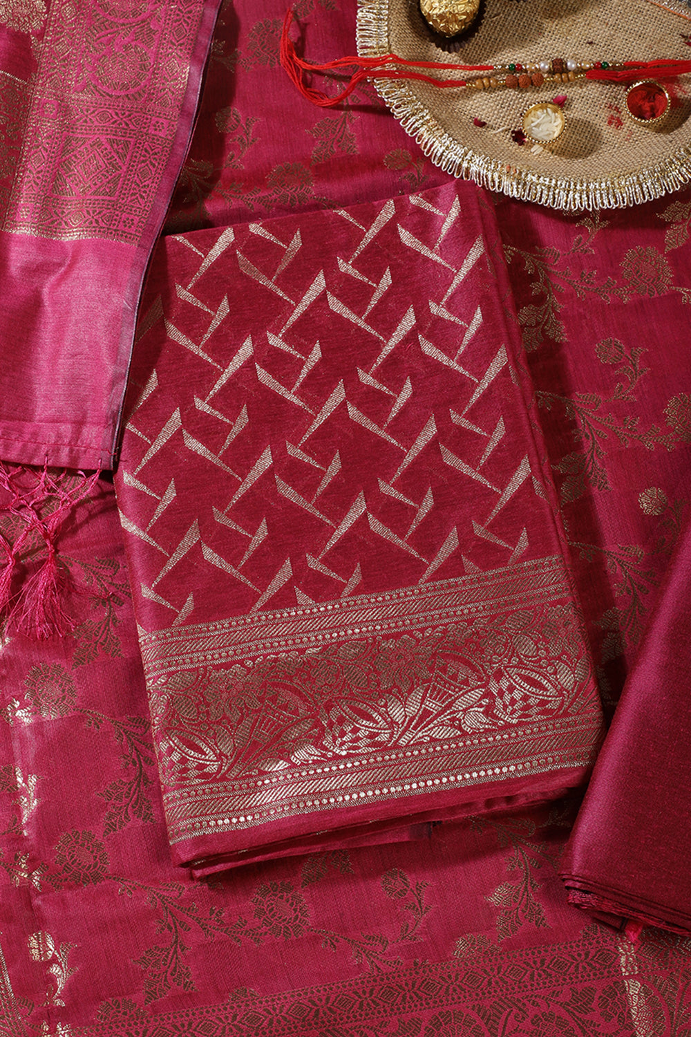 RanI Colour Zari Woven Silk Unstitched Suit Material
