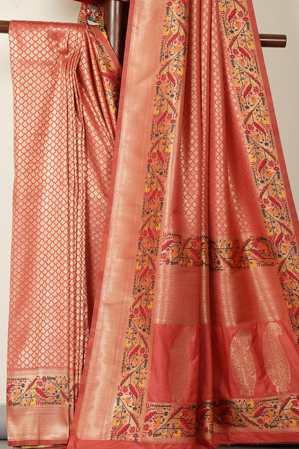 Coral Pink Soft Silk Zari and Resham woven Saree