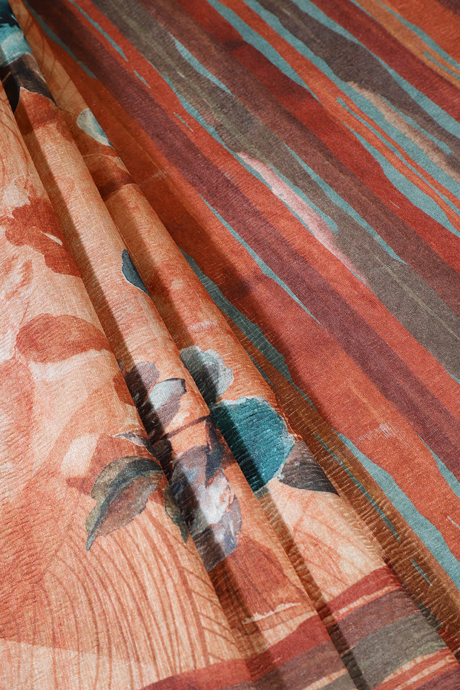 Rust Printed Tussar Silk Saree