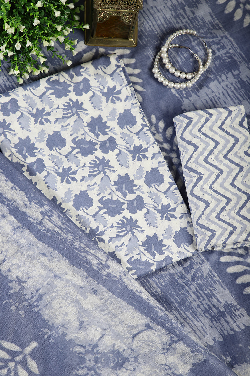 Light Blue Color Cotton Printed Unstitched Suit