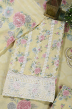 Mustard Color Cotton Flower Printed and Lace Work Unstitched Suit Fabric