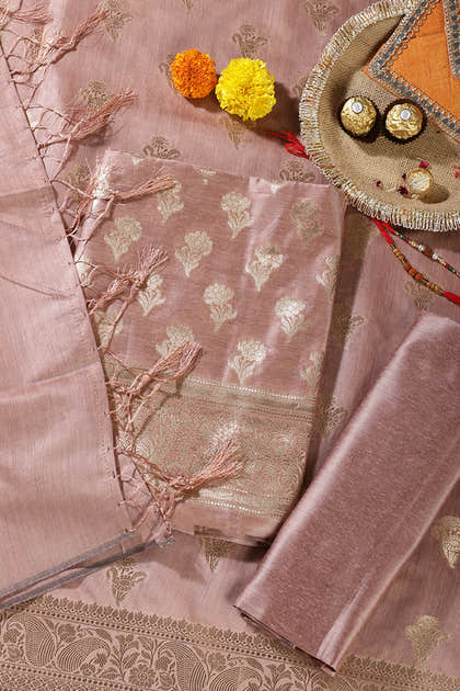 Dusty Peach Silk Zari Woven Unstitched Suit Material