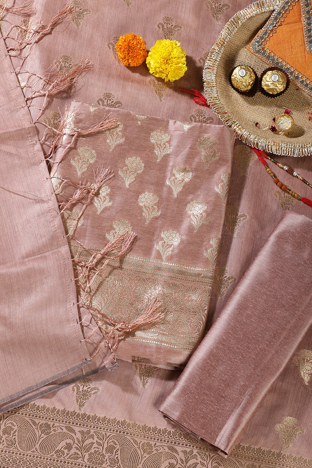 Dusty Peach Silk Zari Woven Unstitched Suit Material