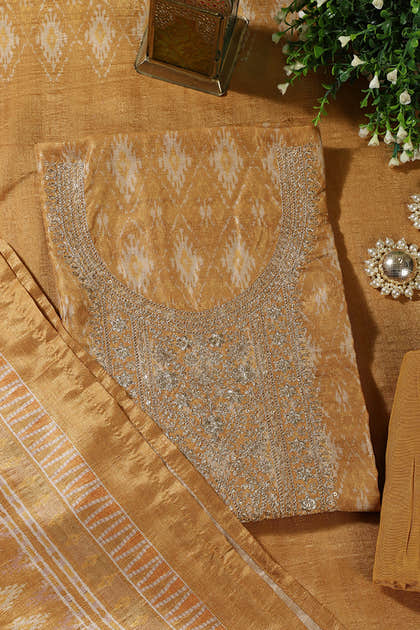 Mustard Chanderi Silk Neck Embroidered Unstitched Suit Material