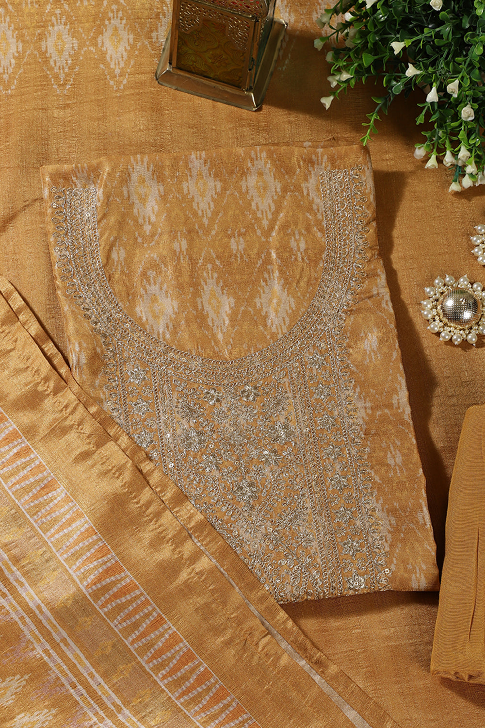 Mustard Chanderi Silk Neck Embroidered Unstitched Suit Material