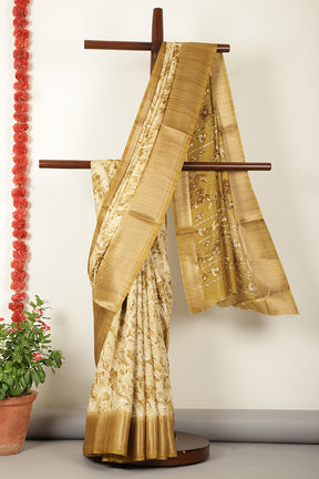 Olive Green Floral Printed Cotton Silk Saree