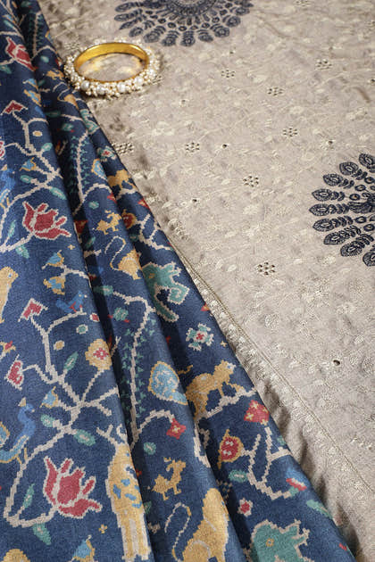 Navy Green Tussar Silk Printed Saree