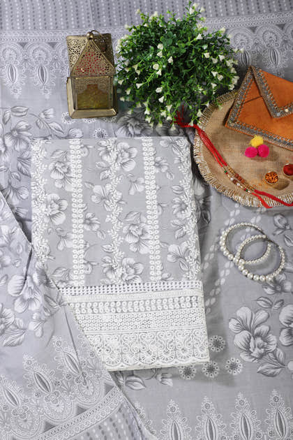 Grey Cotton Floral Printed And Resham Embroidered Unstitched Suit Material