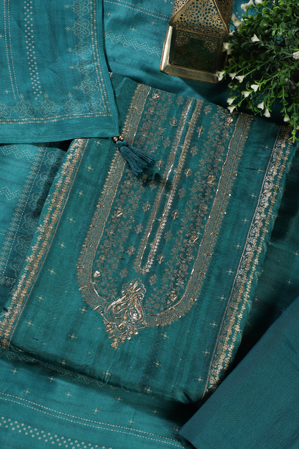 Teal Silk Zari Woven And Bandhani Printed Unstitched Suit Fabric