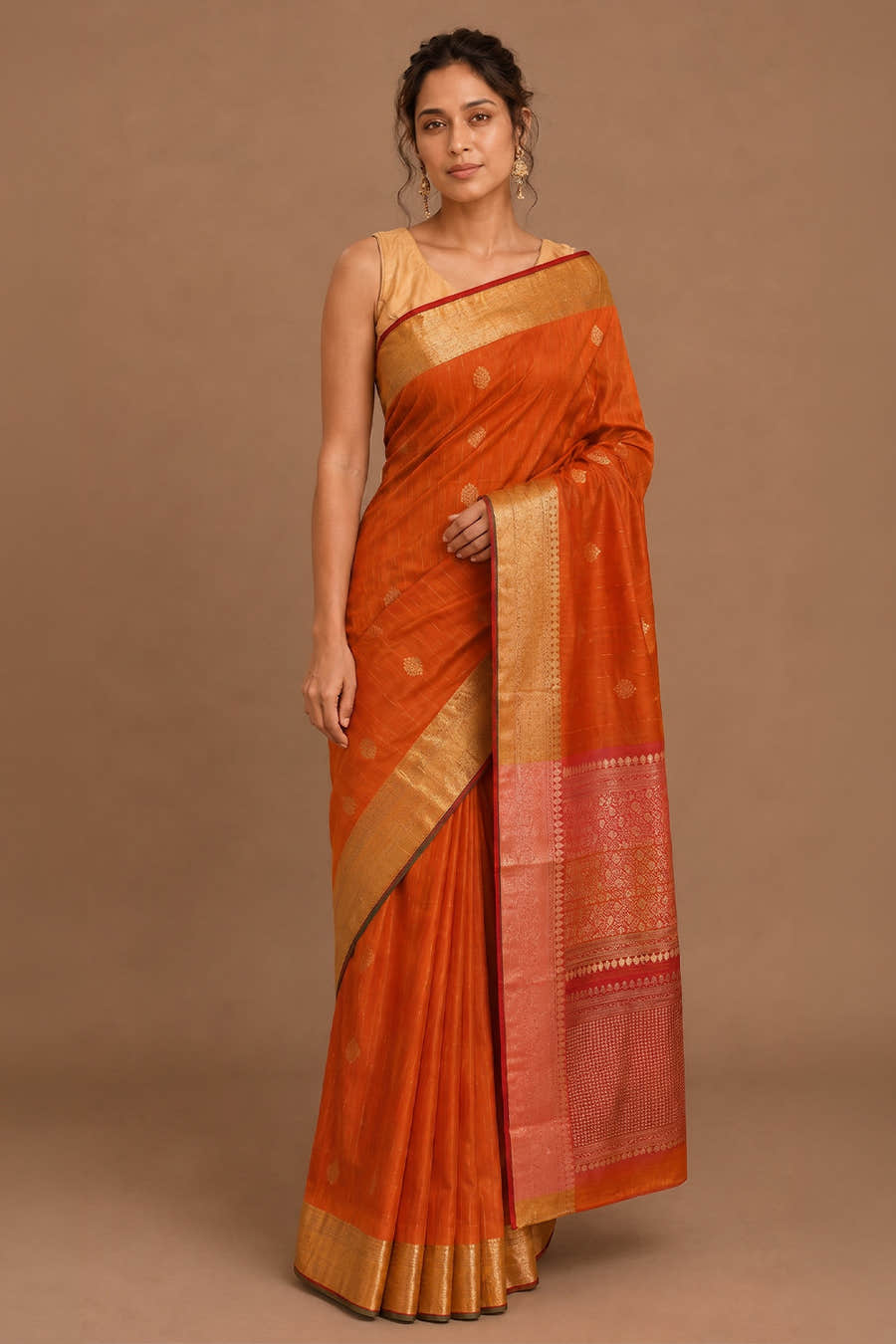Orange Cotton Silk Zari Work Saree