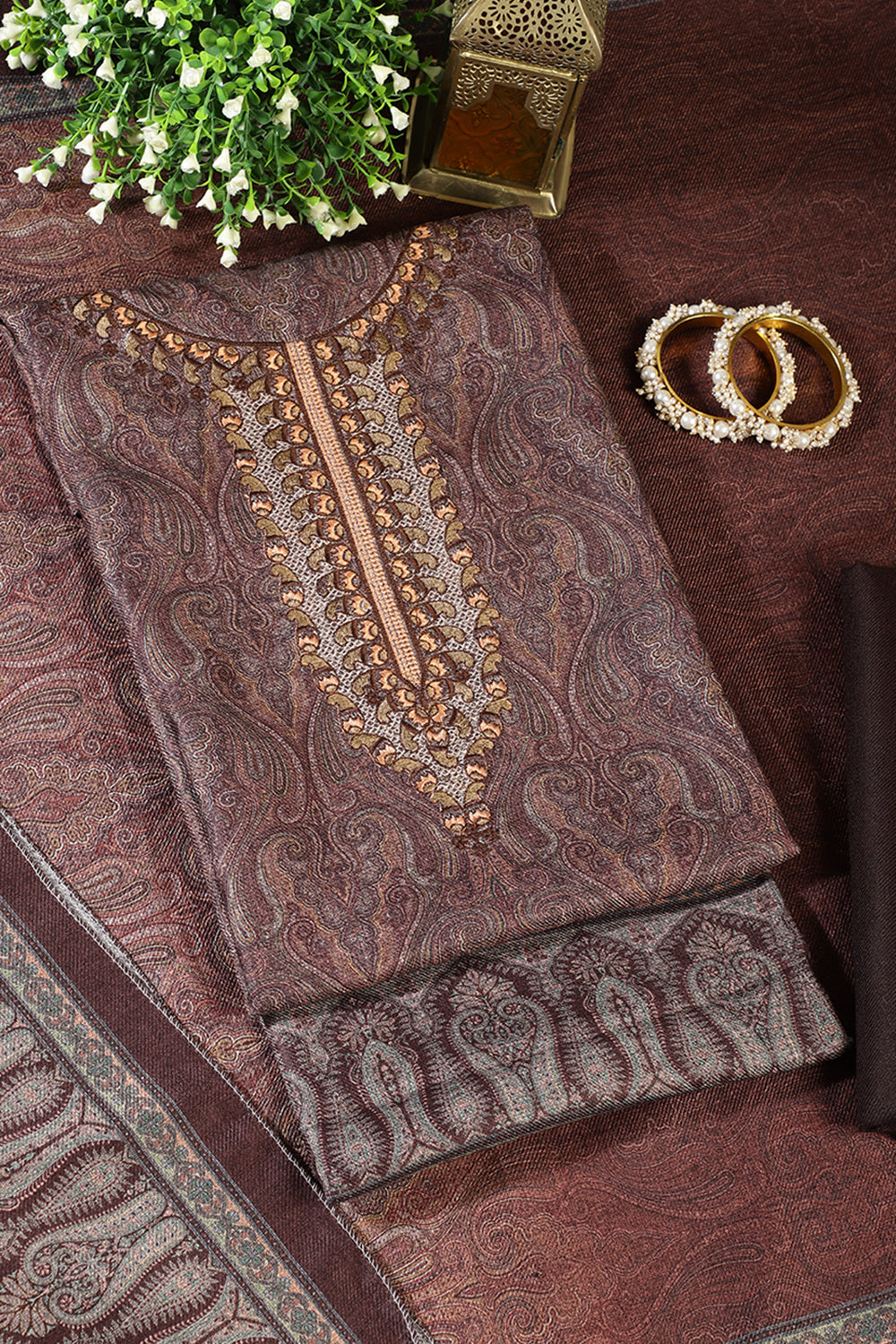 Brown Pashmina Printed And Neck Embroidered Unstitched Suit Material