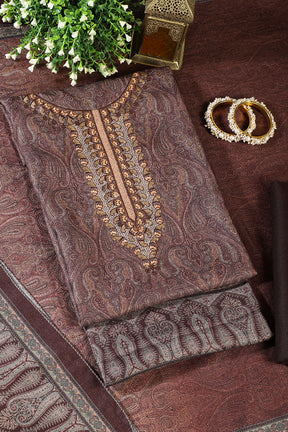 Brown Pashmina Printed And Neck Embroidered Unstitched Suit Material