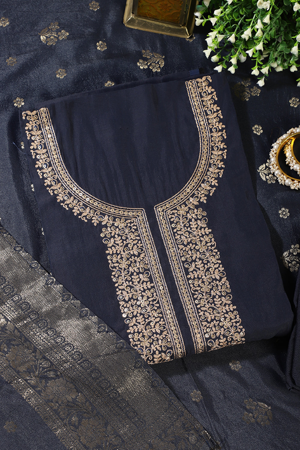 Navy Silk Neck Zari Embroidered Unstitched Suit Material