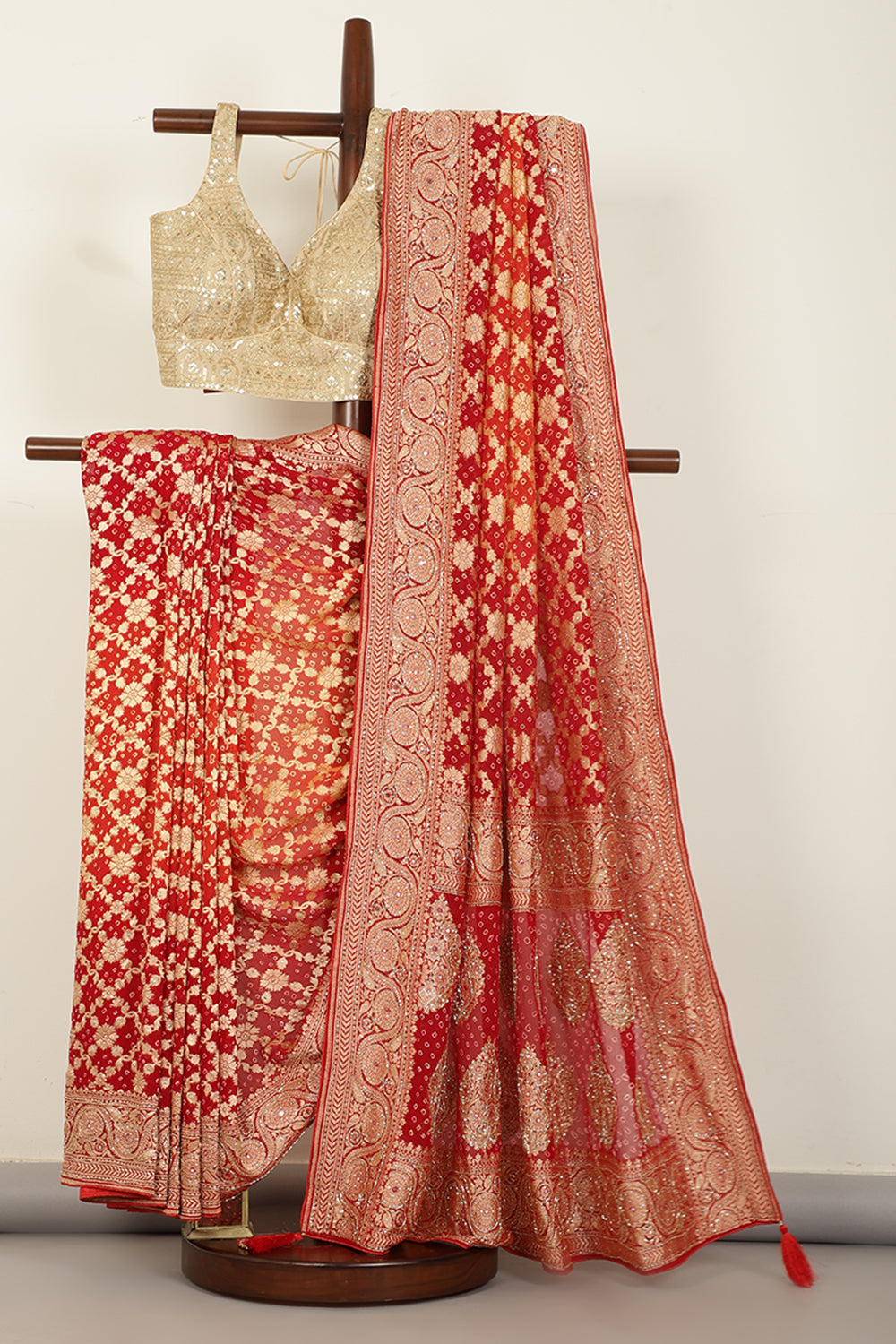 Red Pure Khaddi Georgette Banarasi Saree with Zardozi & Cutdana Handwork
