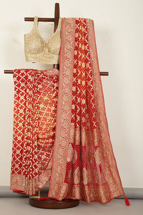 Red Pure Khaddi Georgette Banarasi Saree with Zardozi & Cutdana Handwork