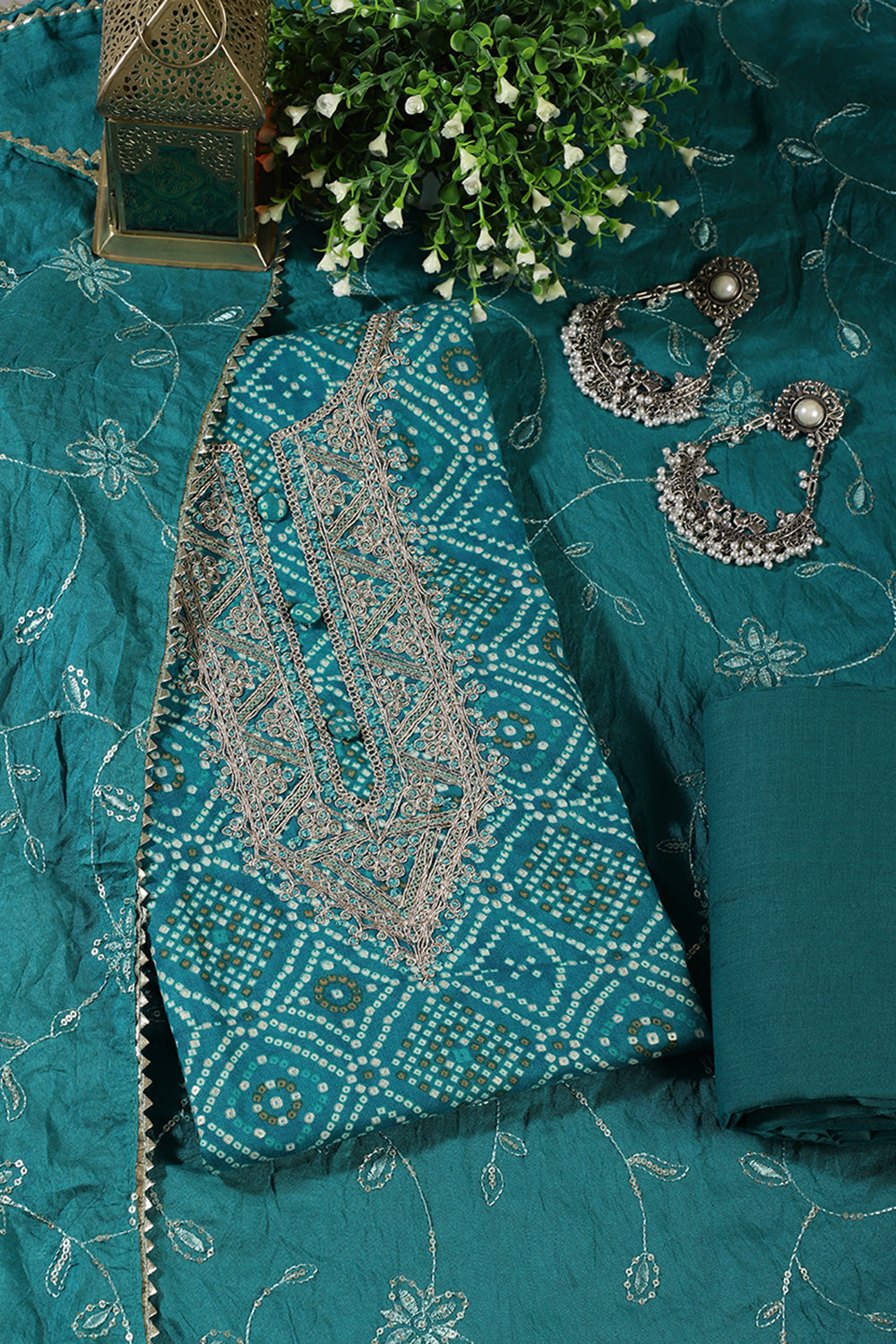 Teal Cotton Bandhani Printed And Neck Embroidered Unstitched Suit