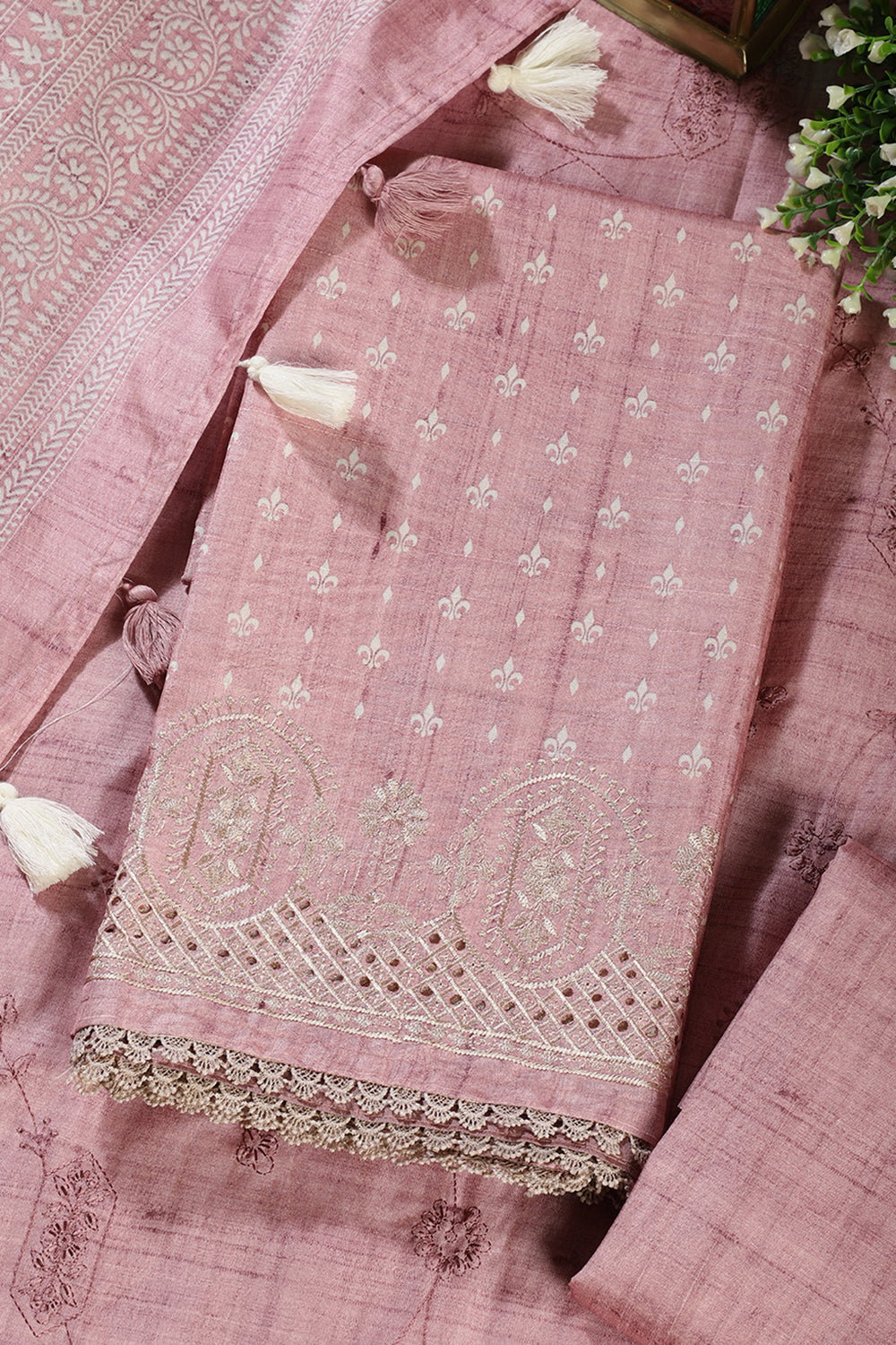 Pink Tussar Cotton Printed And Reham Embroidered Unstiched Suit Material