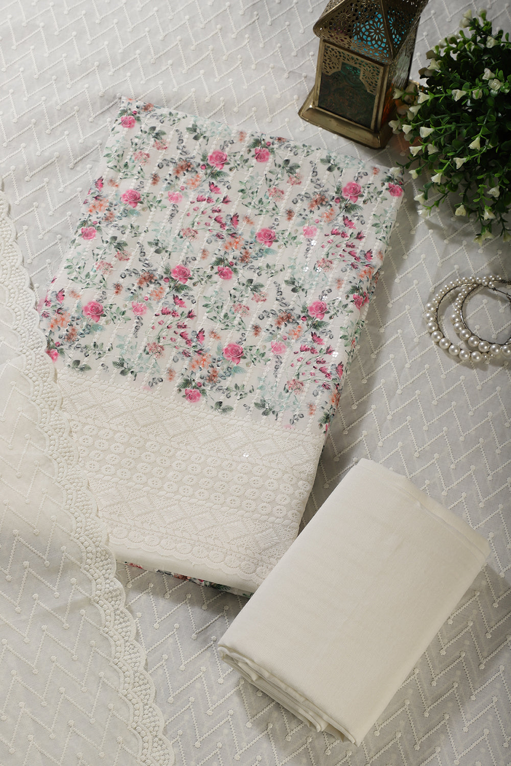 Cream & Pink Cotton Chikankari Embroidered Floral Printed Unstitched Suit