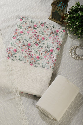 Cream & Pink Cotton Chikankari Embroidered Floral Printed Unstitched Suit
