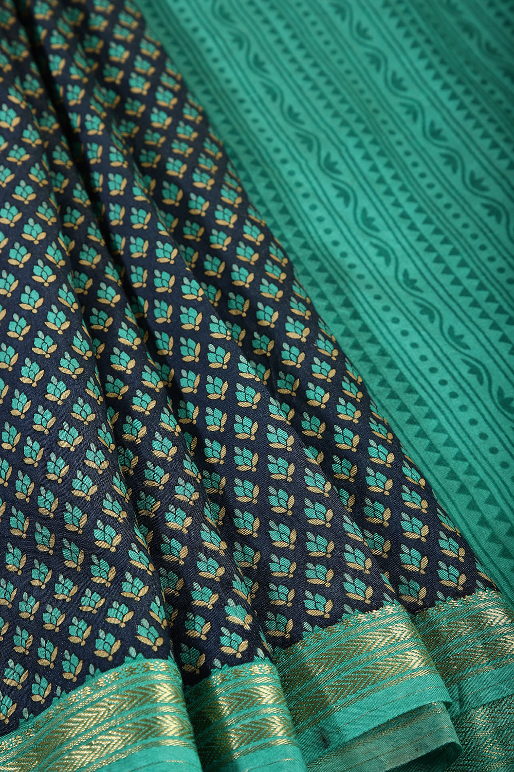 Navy Color Cotton Printed Saree With Zari Border