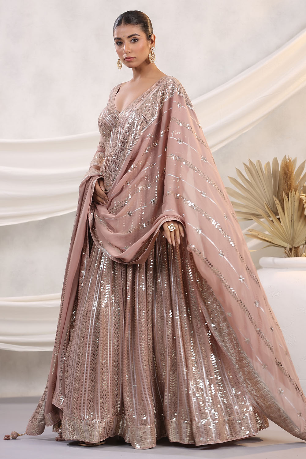 Peach Color Georgette Sequins Embroidered Floor Length Anarkali Gown with Dupatta