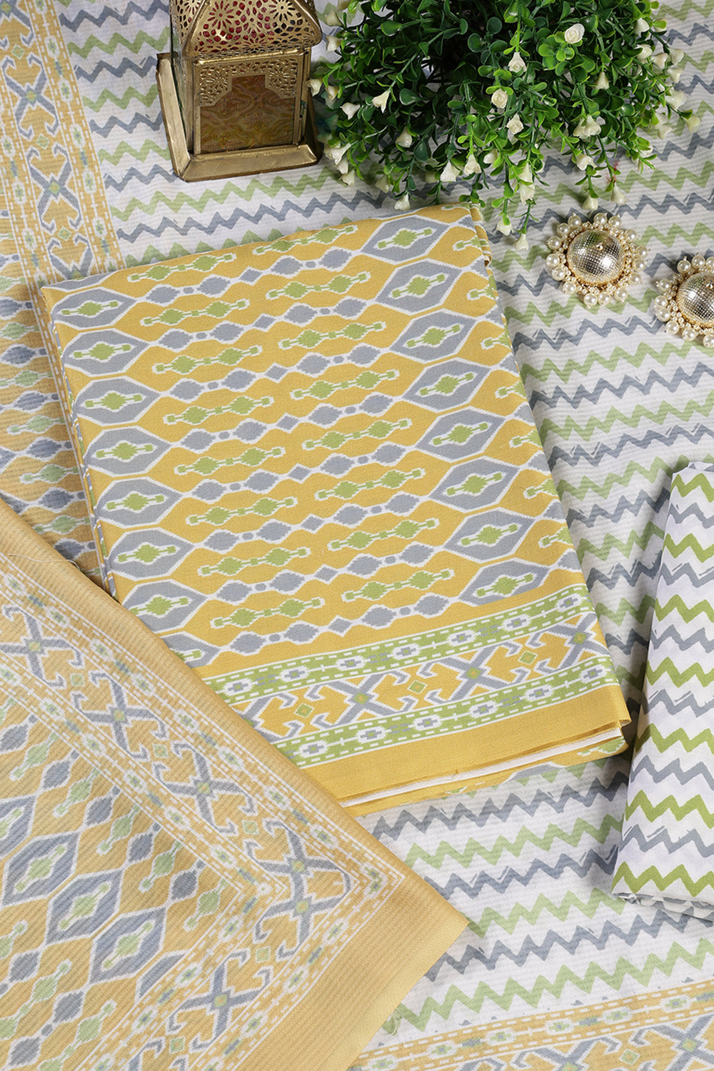 Mustard Malmal Cotton Printed Unstitched Suit Material