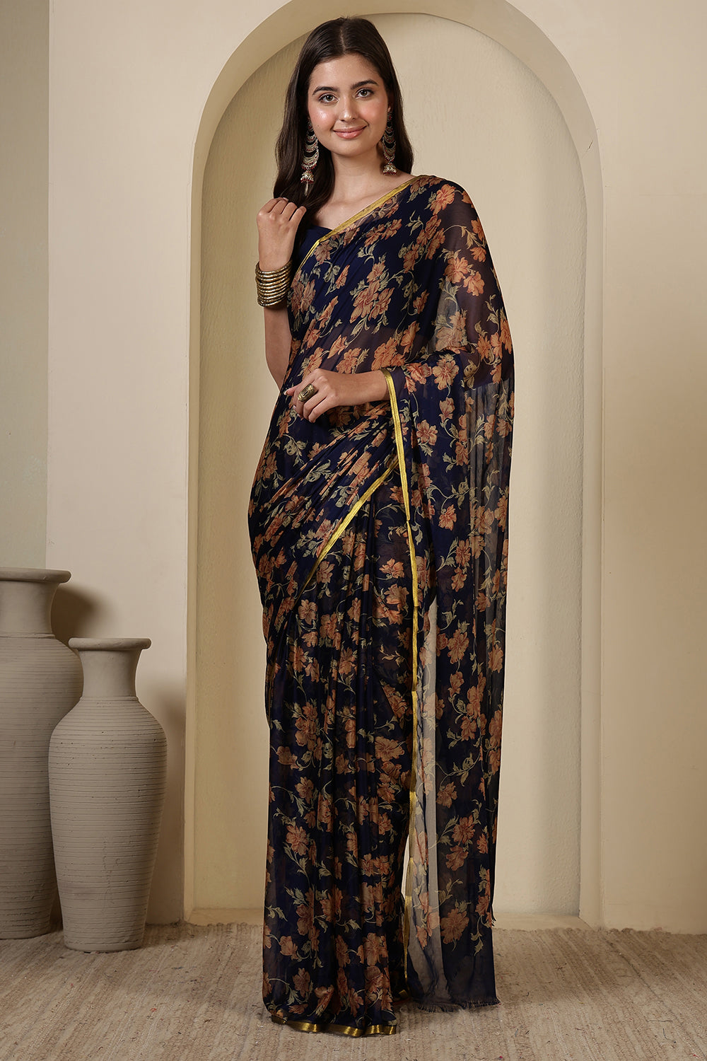 Navy Chiffon Floral Zari Border & Floral Printed Saree