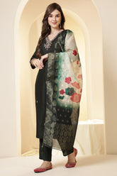 Green Color Silk Suit Set With Neck Embroidered & Floral Printed Dupatta