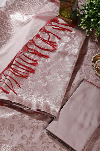 Light Mauve Zari Floral Woven Silk Unstitched Suit Fabric