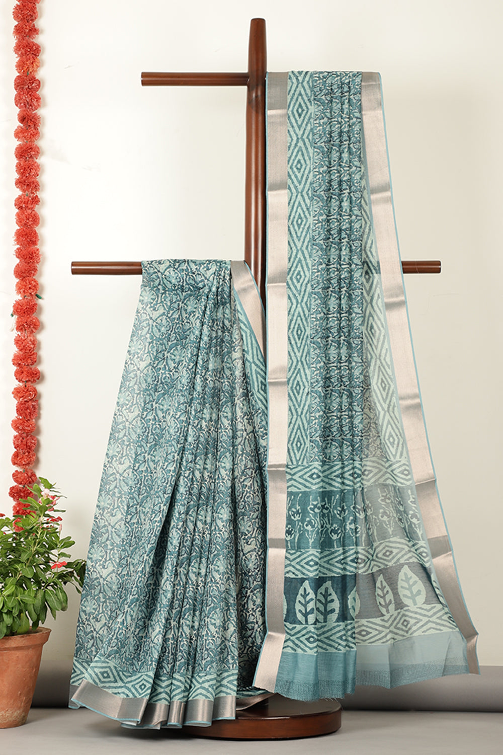 Teal Abstract Printed Chanderi Cotton Saree