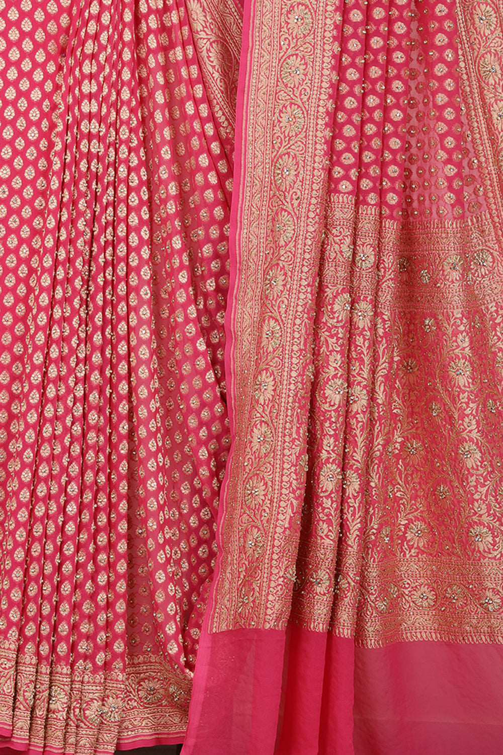 Pink Pure Khaddi Georgette Banarasi Saree with Paisley Small Butti & Zardozi Handwork